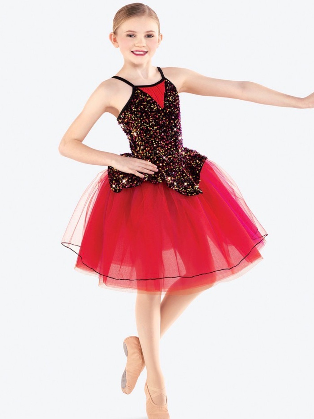Revolution Girls Red Sequin Tulle Dance Dress with Black Accents